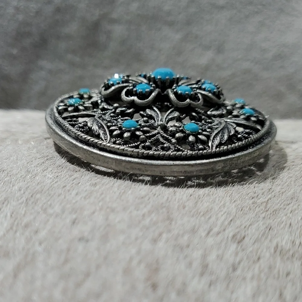 Western Silver and Turquoise Ornate Belt Buckle Rodeo Cowgirl Country Thunder